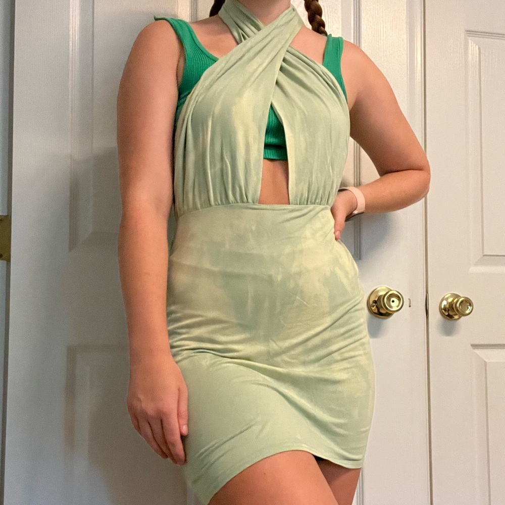 Green tie dye backless mini dress